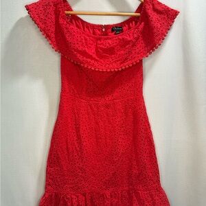 City Studio Red Eyelet Off Shoulder Ruffle Hem Dress Women’s Size 1